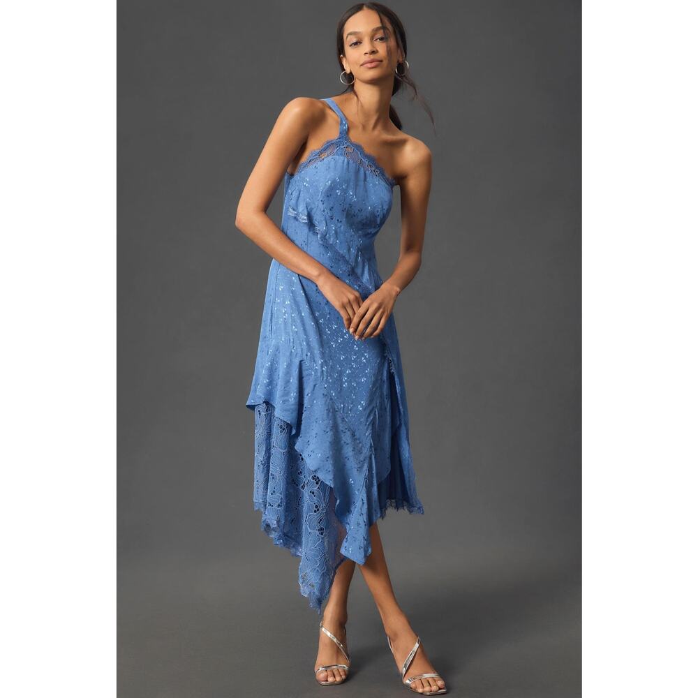 Anthropologie Blue One-Shoulder Lace Maxi Dress
